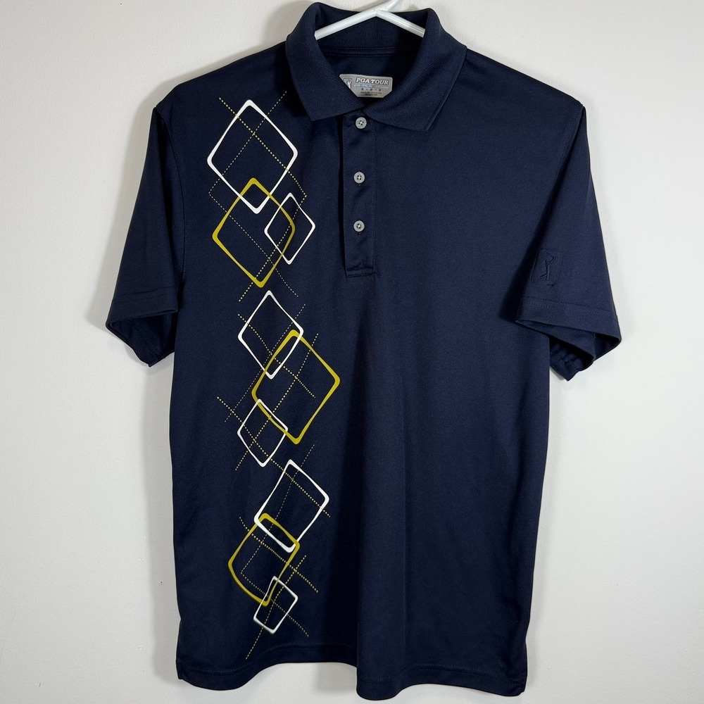 PGA Tour Mens Navy Blue Geometric Diamond Print Golf Polo Shirt Size Medium